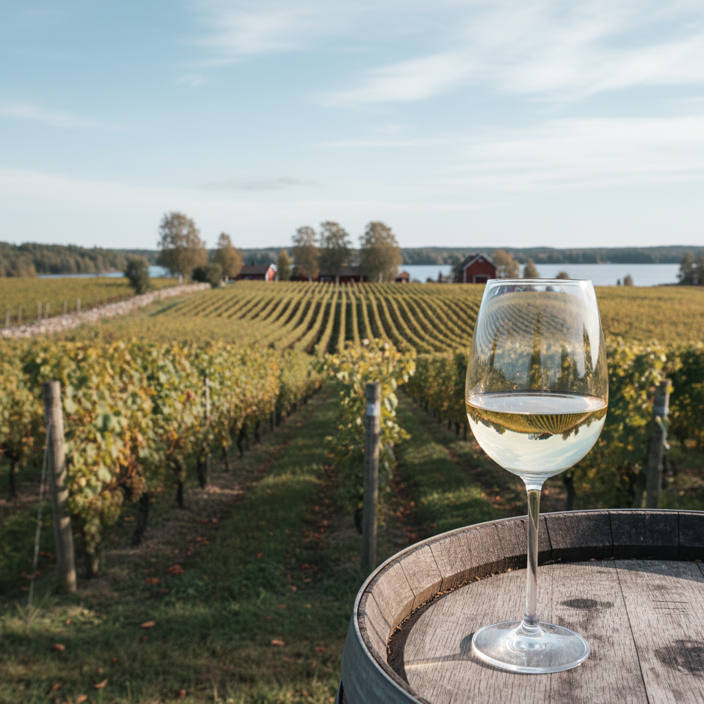 Taça de vinho branco em primeiro plano com vinhedo sueco de clima frio ao fundo, simbolizando a viticultura de Skåne e Öland.