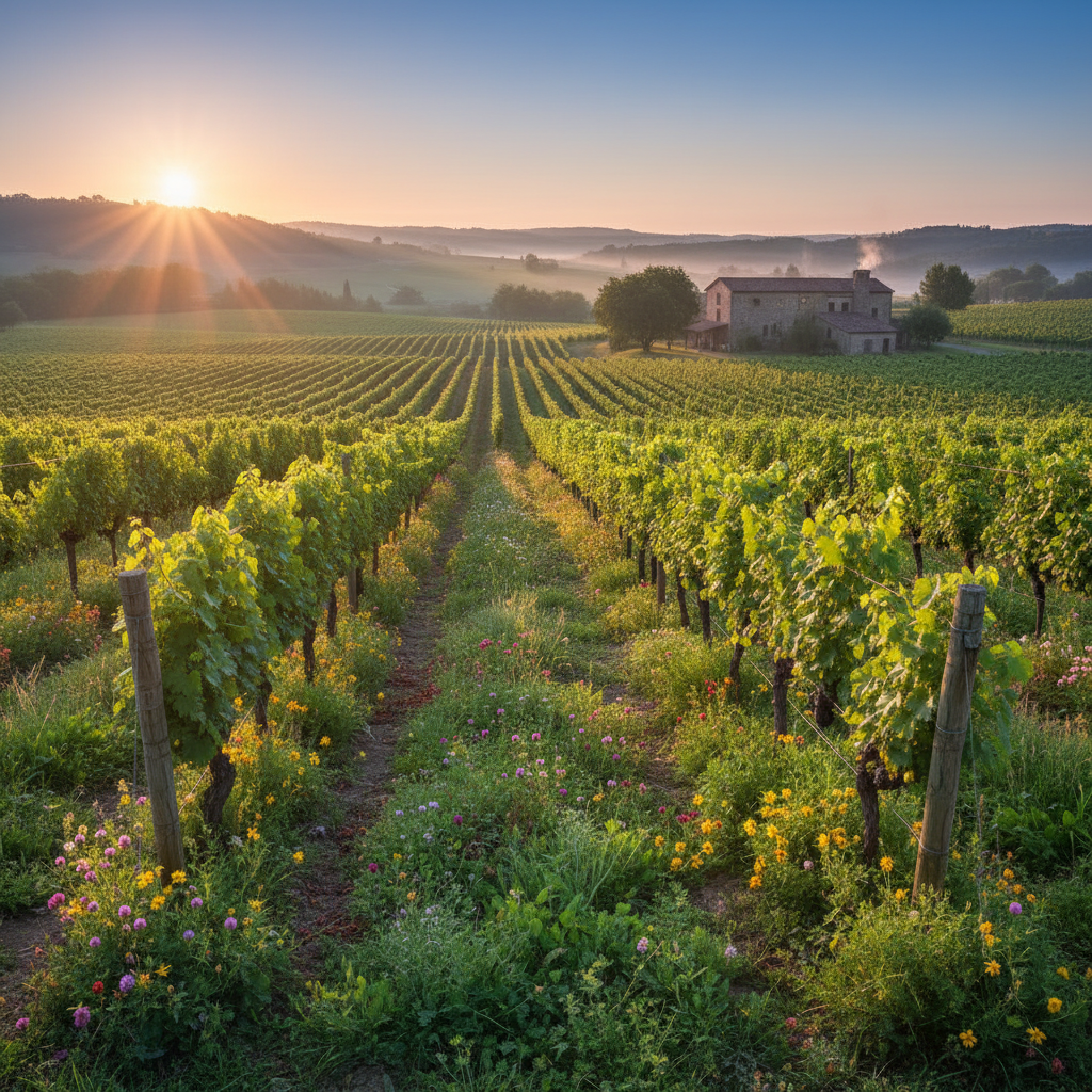 Vinhedo sustentável vibrante ao amanhecer, mostrando videiras saudáveis, culturas de cobertura entre as fileiras e uma rica biodiversidade, simbolizando a harmonia ecológica na produção de vinho.