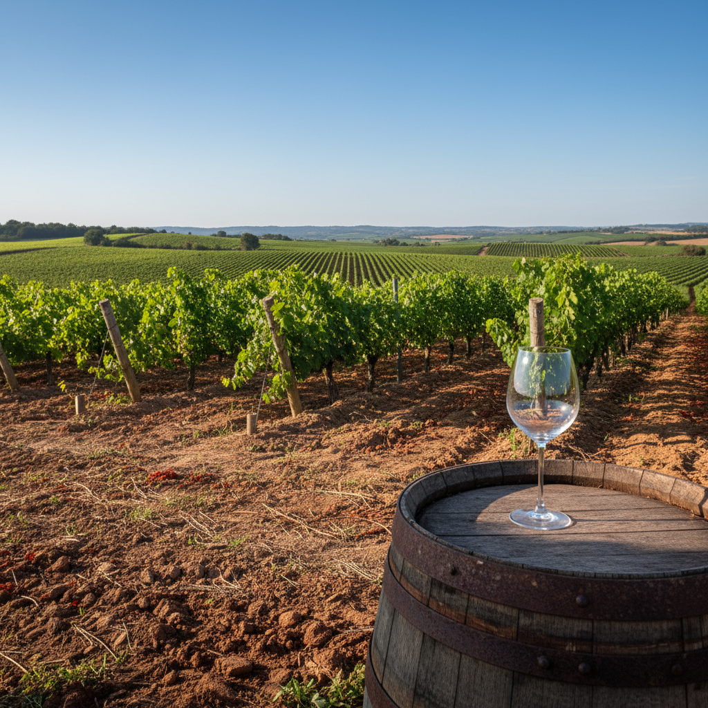 Vinhedo panorâmico sob o sol com diferentes tipos de solo visíveis e um copo de vinho refletindo a paisagem, simbolizando a complexidade do terroir.