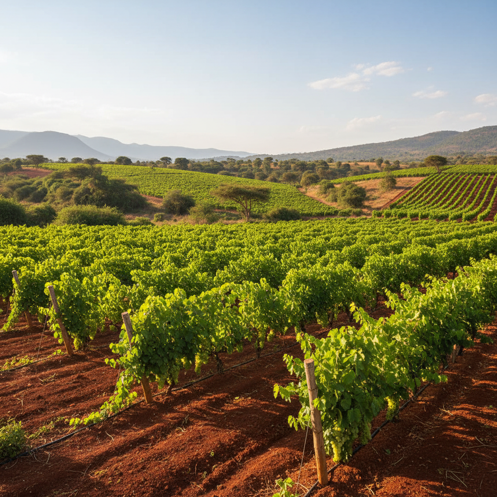 Paisagem de vinhedo em Uganda, destacando a viticultura sustentável e a exuberância natural.