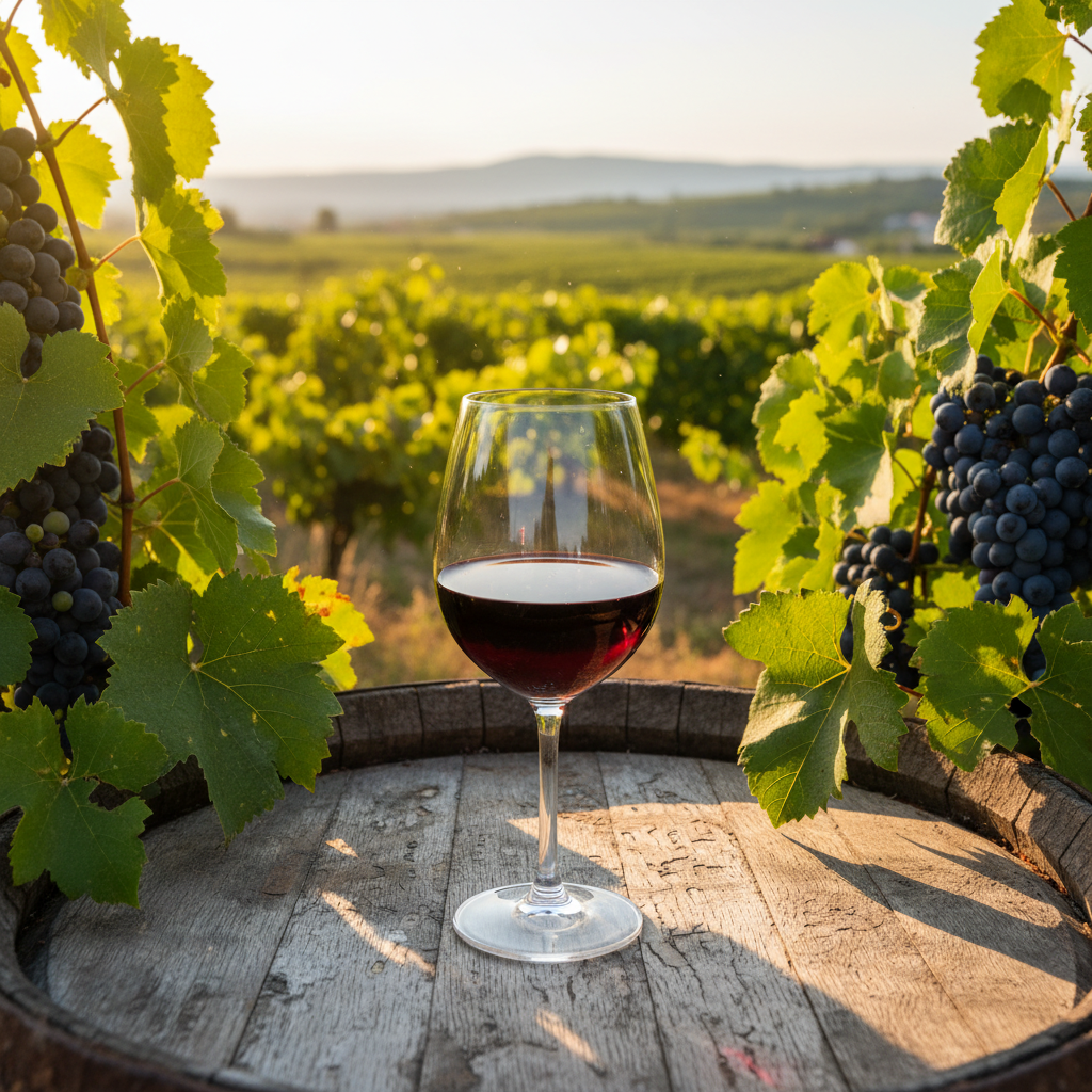 Taça de vinho Vranac tinto profundo sobre um barril de madeira rústico, com vinhedos de Vranac em Montenegro ao fundo sob a luz do sol.