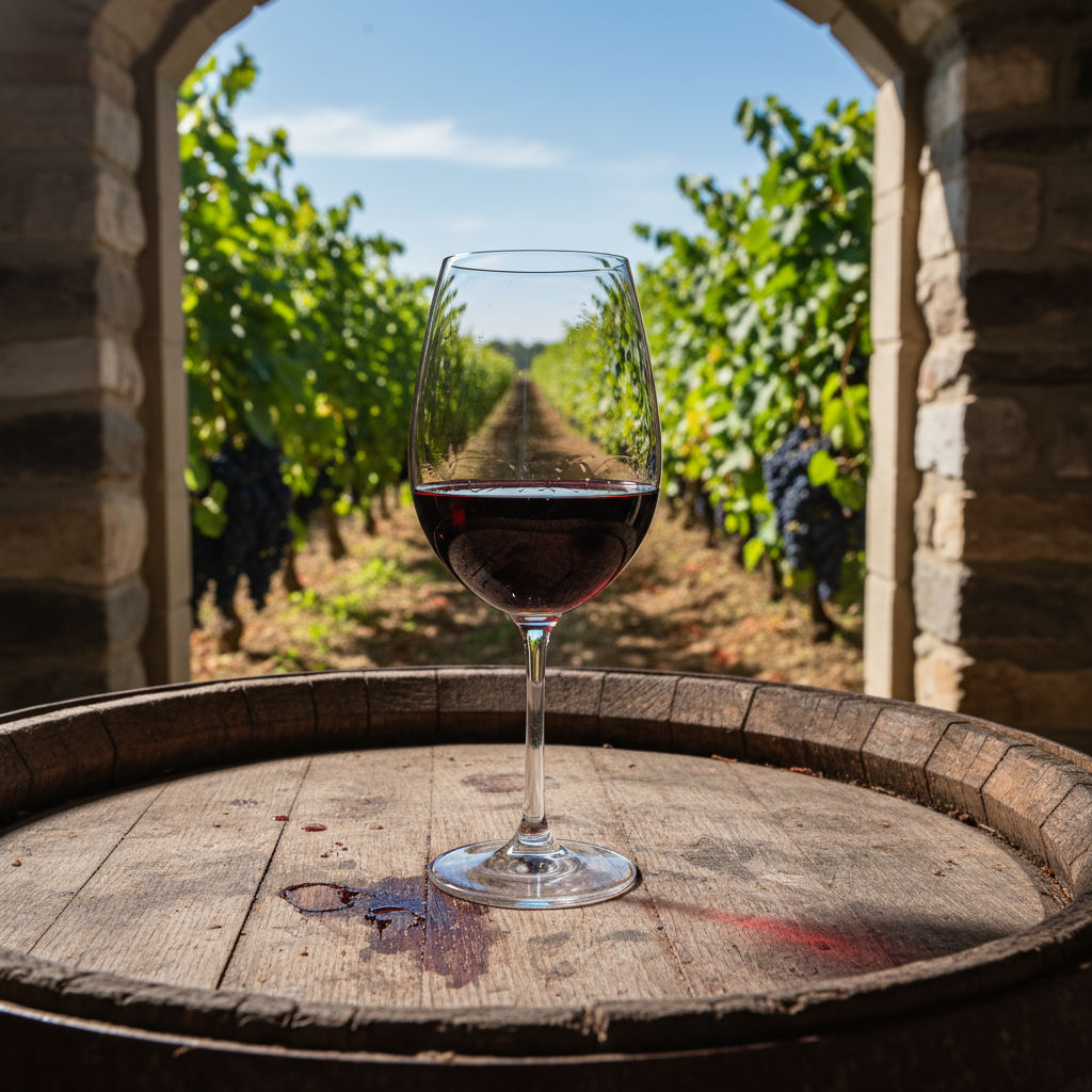 Taça de vinho Vranec de cor rubi intensa sobre um barril de carvalho em adega, com vinhedos da Macedônia do Norte ao fundo.