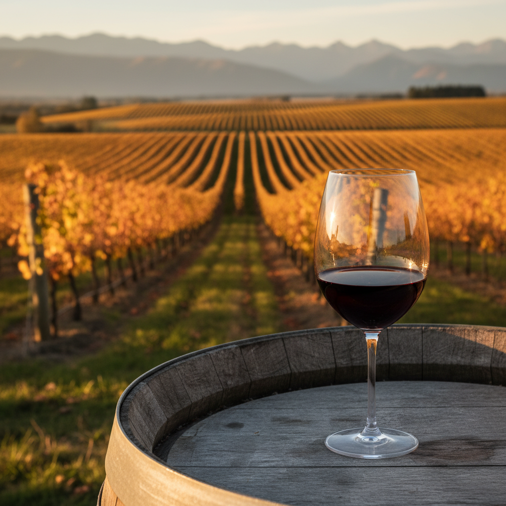 Vinhedo de Waipara Valley na Nova Zelândia ao pôr do sol, com uma taça de vinho tinto sobre um barril de carvalho em primeiro plano.