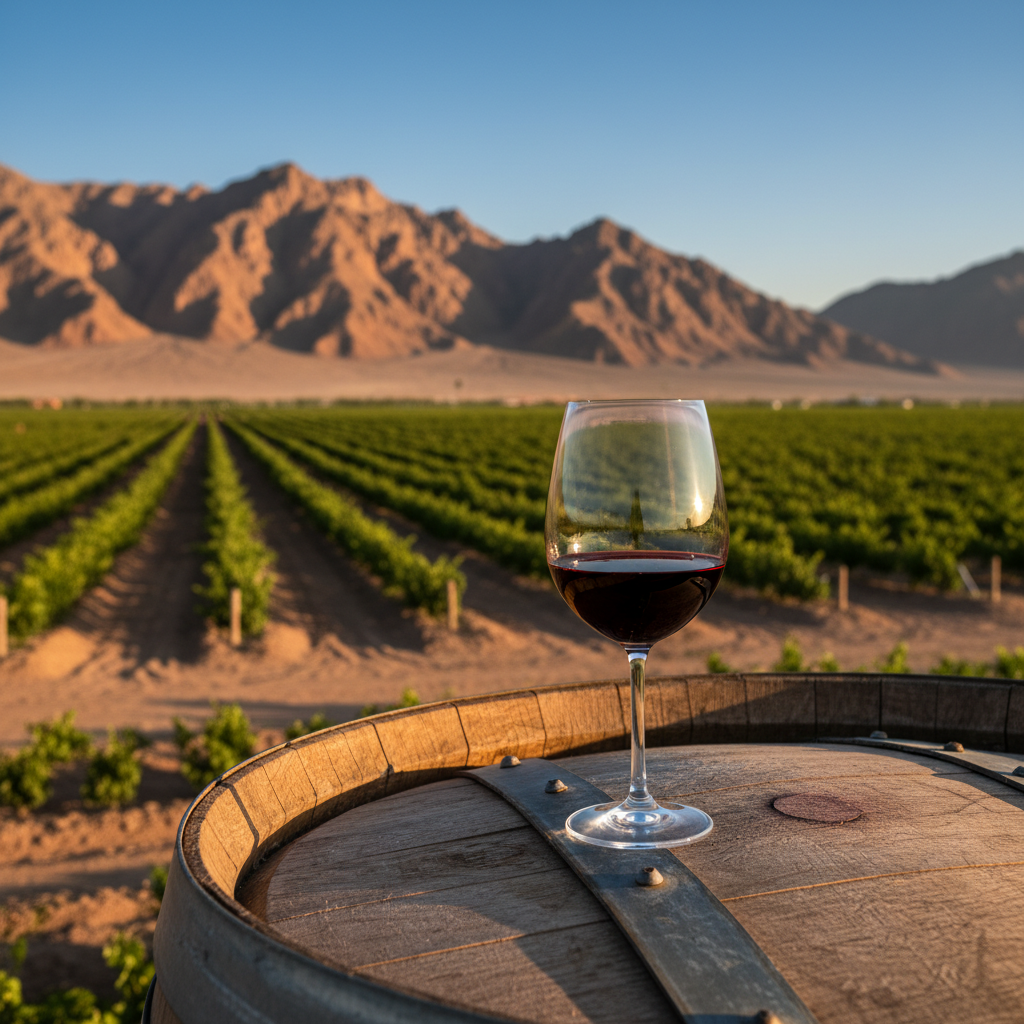 Taça de vinho tinto sobre barril de madeira com vinhedo moderno no deserto de Xinjiang e montanhas áridas ao fundo.