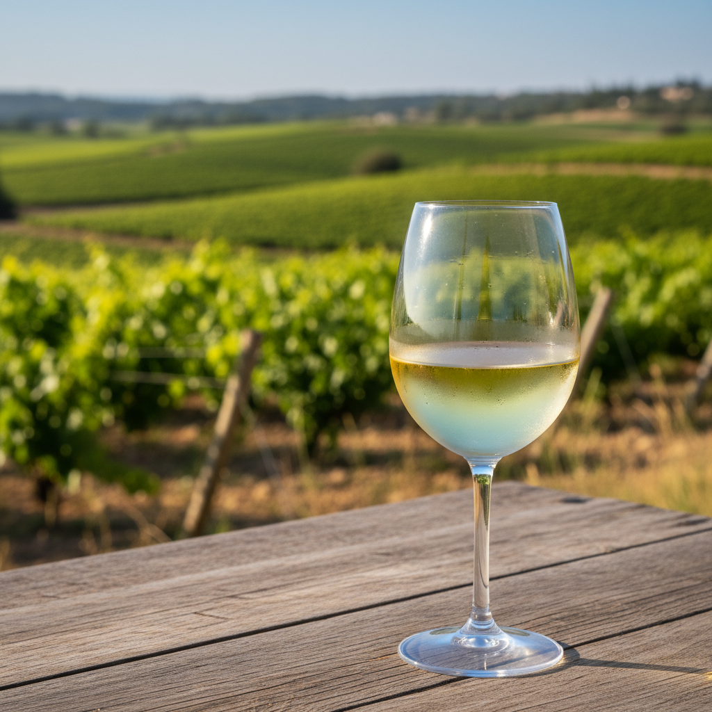 Copo de vinho Xynisteri gelado em uma mesa rústica, com vinhedos ensolarados de Chipre ao fundo em um dia de verão.