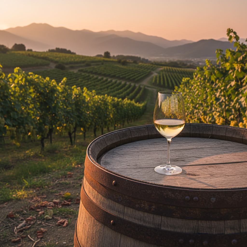 Vinhedo tranquilo em Yamanashi, Japão, com um barril de carvalho rústico e uma taça elegante de vinho Koshu, sob a luz suave do sol.