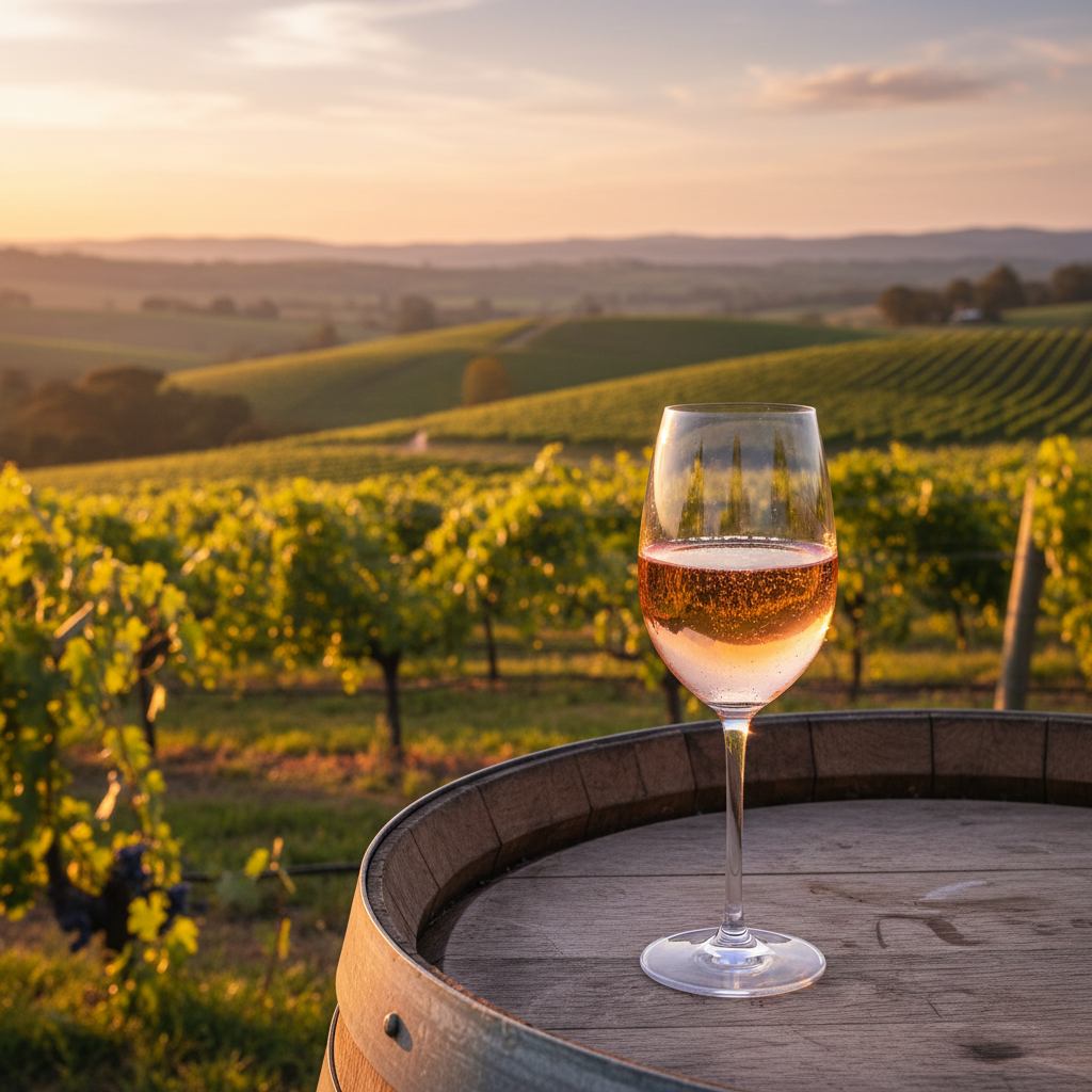 Vinhedo exuberante no Yarra Valley, Austrália, com uma taça de Pinot Noir ou espumante sobre um barril de madeira, ao pôr do sol.