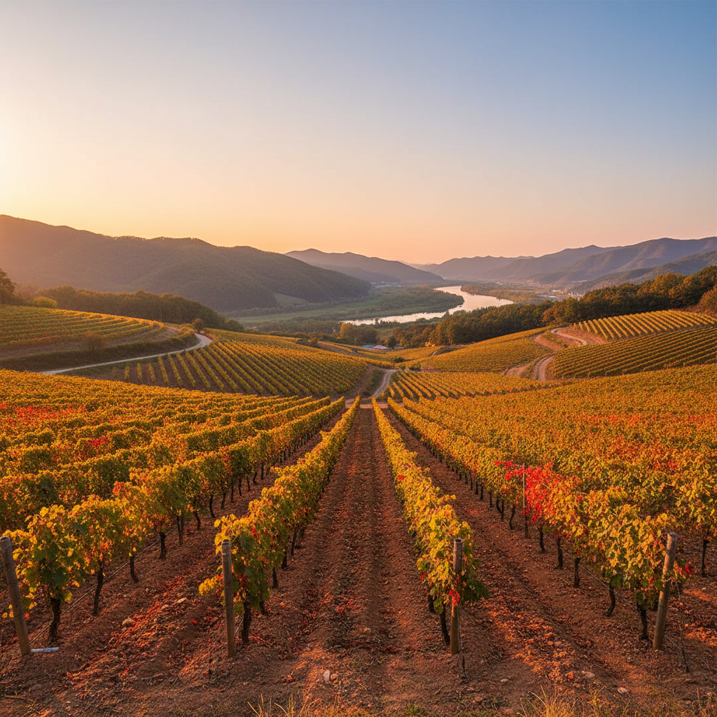 Vista panorâmica de um vinhedo em Yeongdong, Coreia do Sul, com as vinhas se estendendo por colinas suaves, capturando a essência da viticultura coreana.
