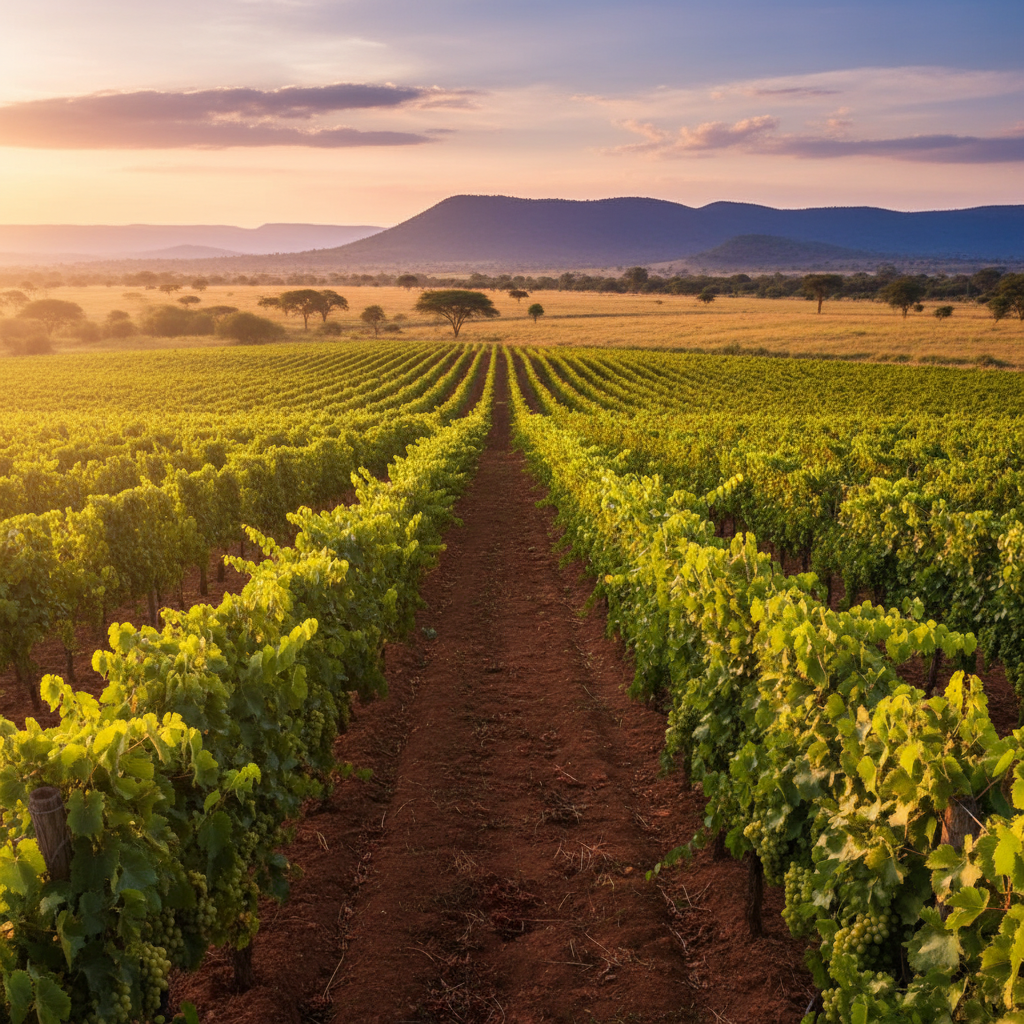 Vinhedo exuberante sob o sol africano na Zâmbia, mostrando o potencial vitivinícola da região.