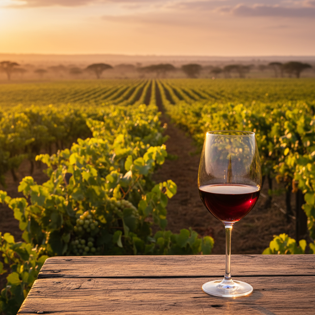 Vinhedo exuberante na Zâmbia ao pôr do sol, com fileiras de videiras verdes e uma taça de vinho elegante em primeiro plano, refletindo a paisagem africana.
