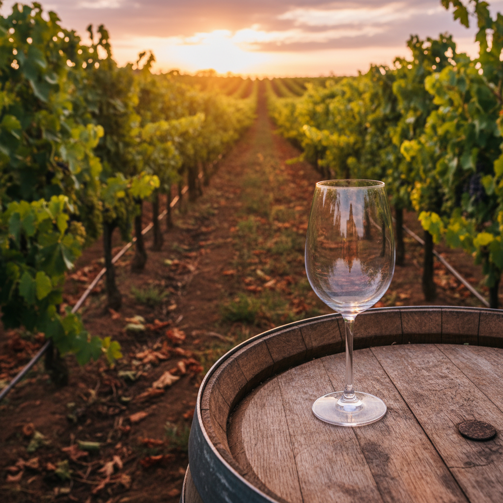 Vinhedo exuberante na Zâmbia ao pôr do sol, com uma taça de vinho elegante sobre um barril de madeira.