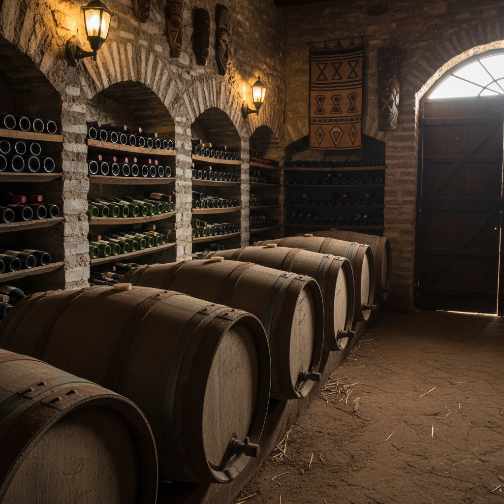 Interior de uma adega rústica na Zâmbia, com barris de carvalho e garrafas de vinho, sob iluminação ambiente.