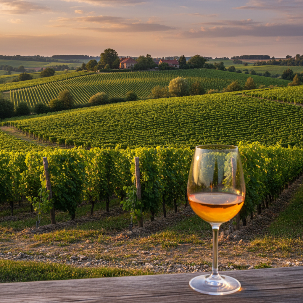 Paisagem pitoresca de vinhedos em Zielona Góra, Polônia, sob a luz suave do fim de tarde, com uma taça de vinho âmbar em primeiro plano, refletindo o terroir local.
