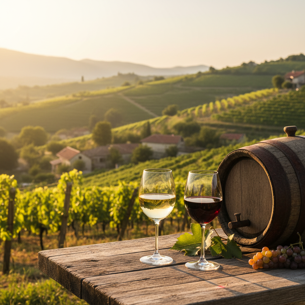 Vinhedo ensolarado na Herzegovina, com taças de vinho branco (Žilavka) e tinto (Blatina) em uma mesa rústica, ao lado de um barril de carvalho.