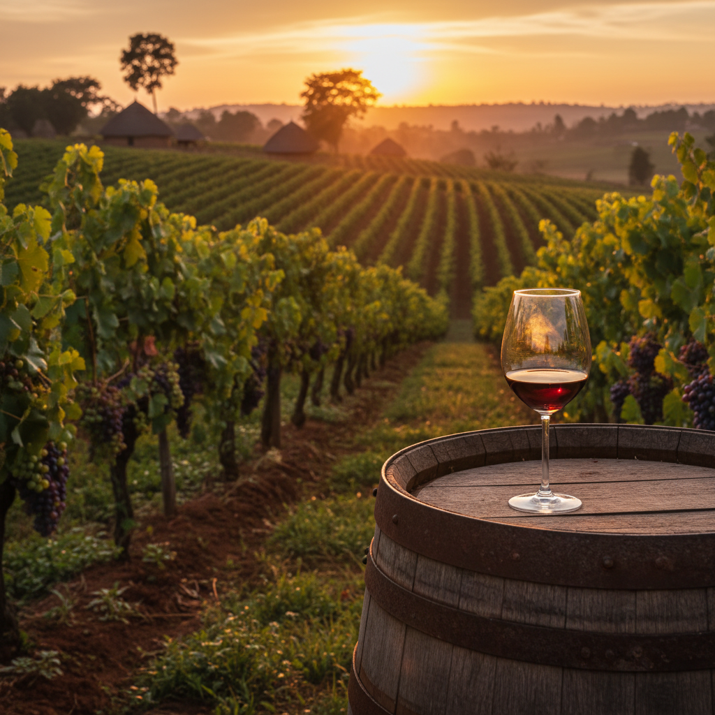 Vinhedo exuberante ao pôr do sol nas Terras Altas Orientais do Zimbábue, com um barril de vinho e uma taça em primeiro plano, simbolizando a emergência da produção vinícola local.
