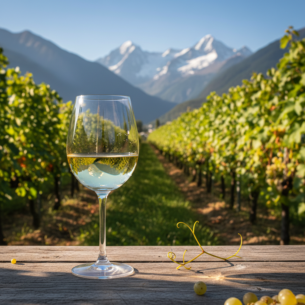 Vinhedo de Jacquère na região da Savoia com taça de vinho branco e montanhas nevadas ao fundo, evocando frescor e elegância.