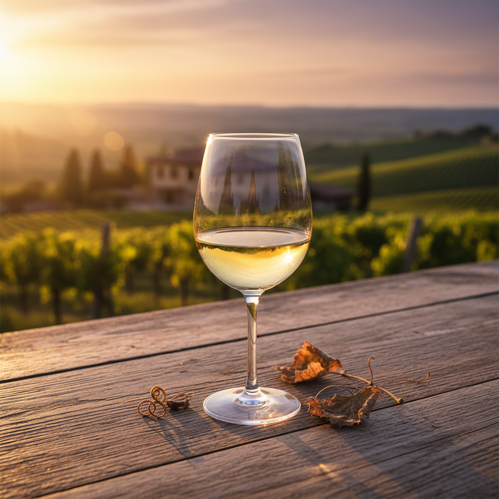 Taça de vinho branco Pecorino sobre mesa de madeira rústica, com vinhedos italianos ensolarados ao fundo.