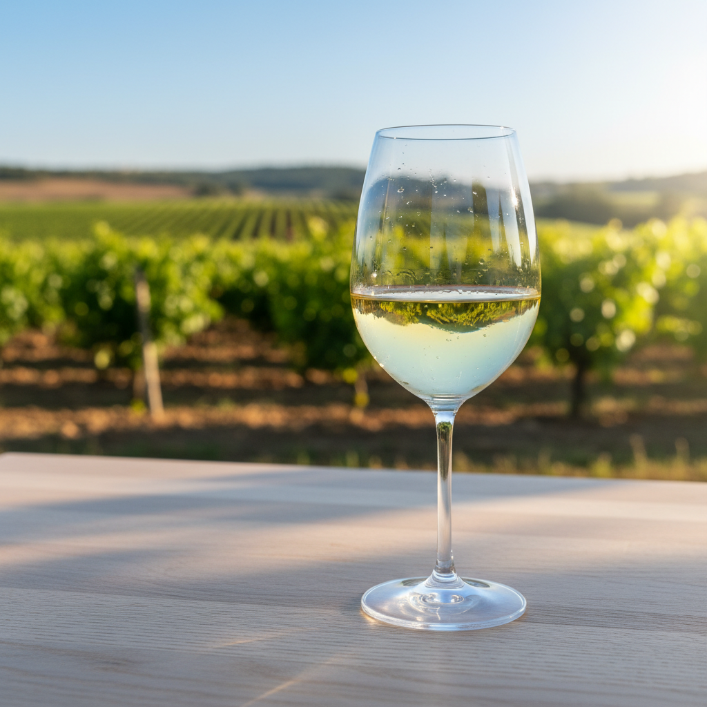 Taça de vinho Verdejo fresco em uma mesa de madeira, com um vinhedo ensolarado de uvas Verdejo ao fundo.