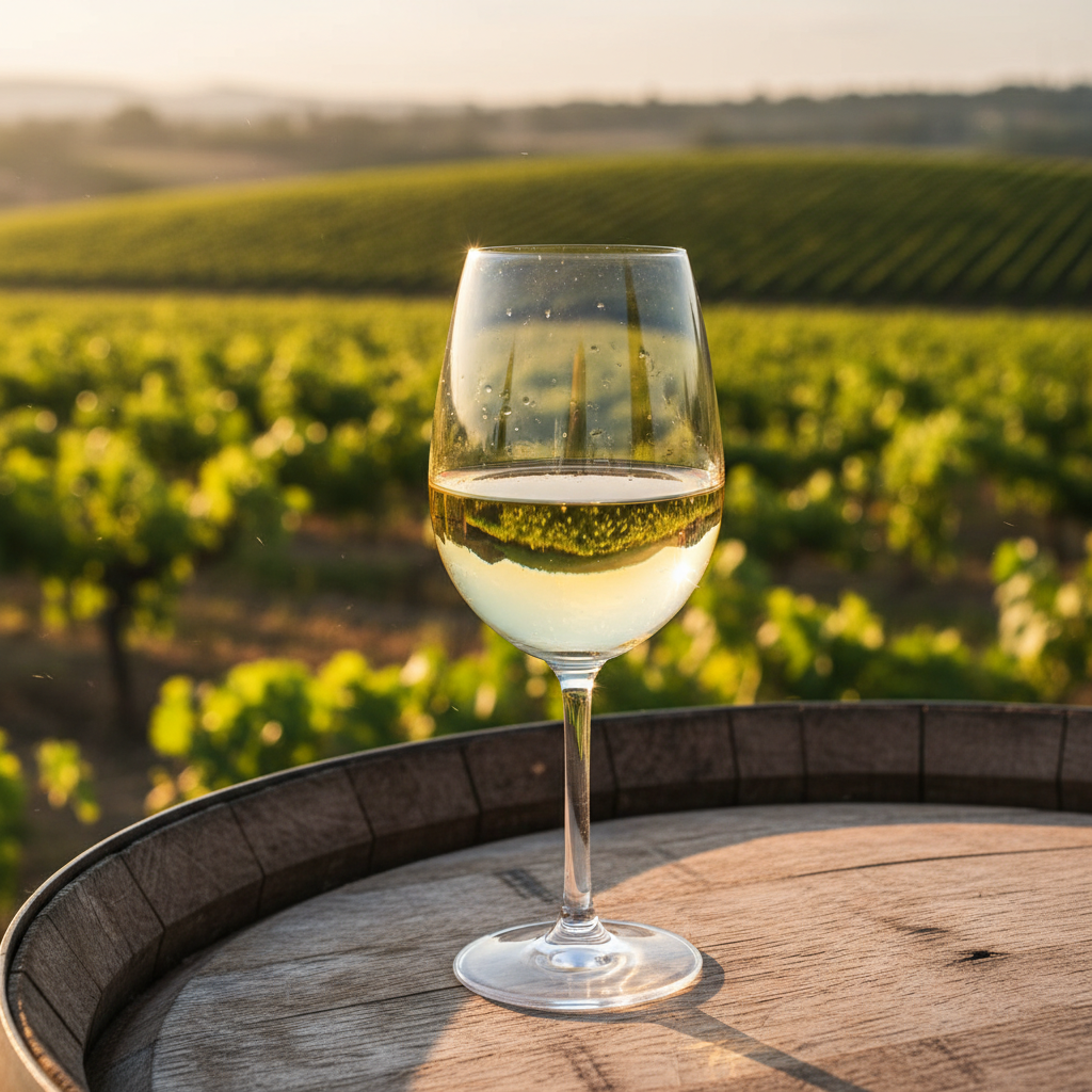 Taça de vinho branco Scheurebe sobre barril de madeira com vinhedo ao fundo, sob luz dourada.