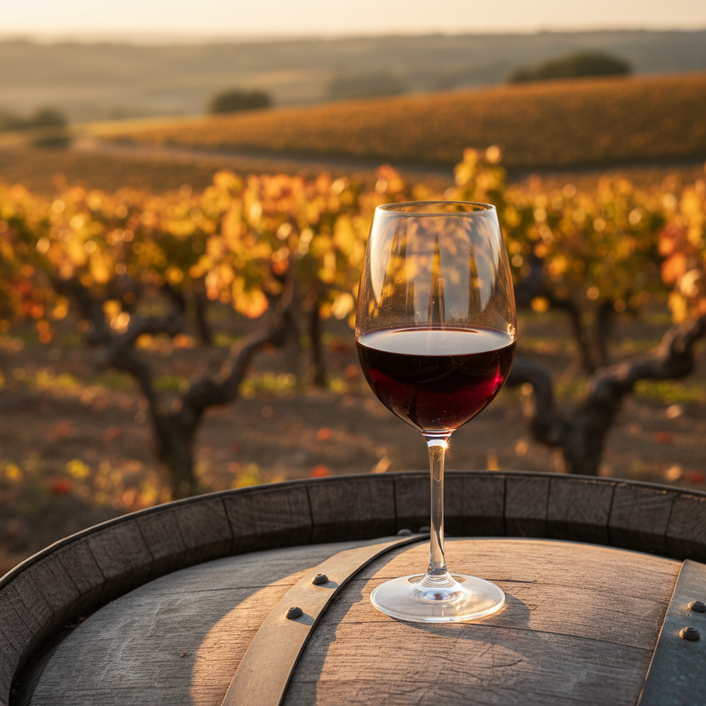 Taça de vinho Carignan em um barril de madeira rústico, com um vinhedo antigo de Carignan ao fundo ao pôr do sol.