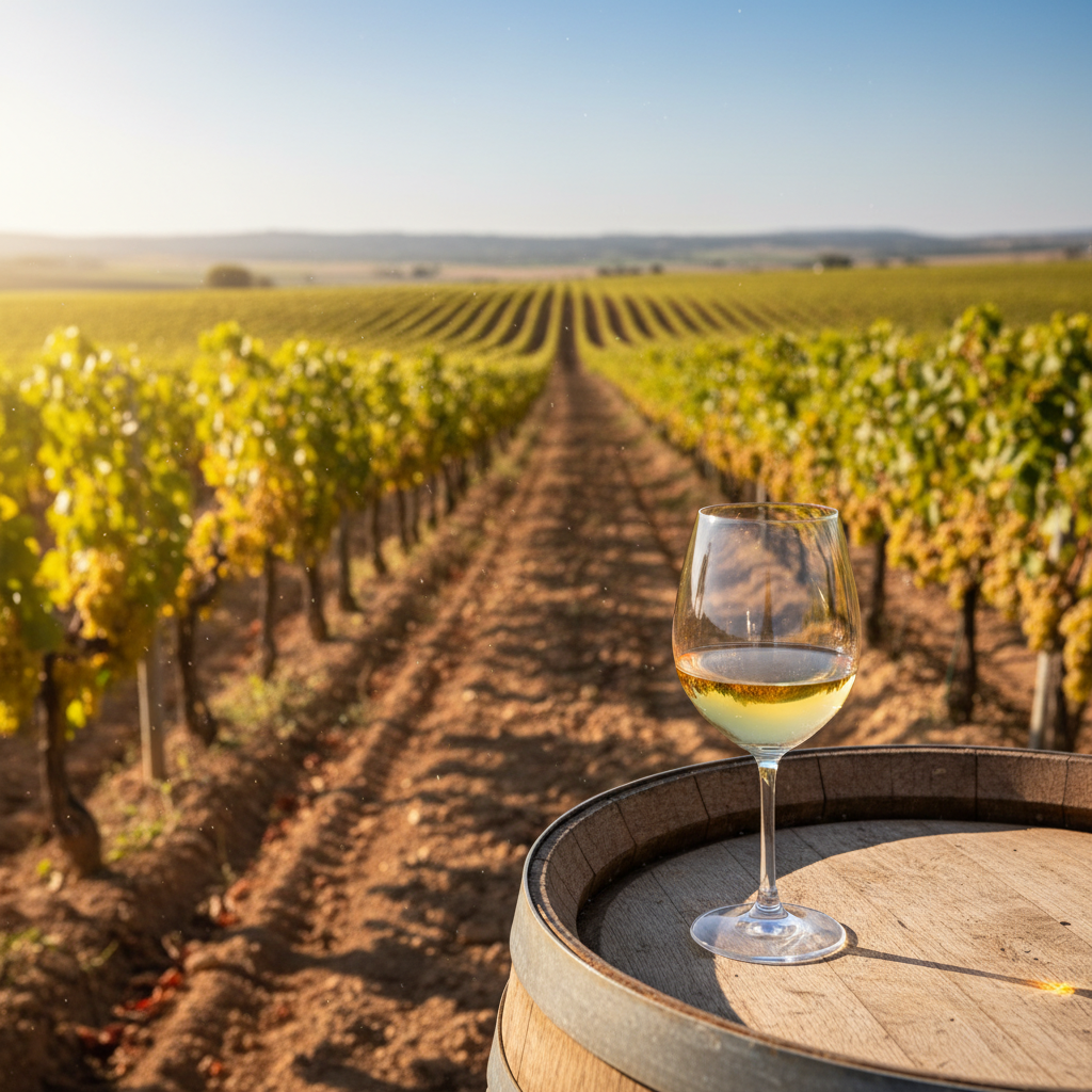 Vinhedo de Airén em La Mancha com taça de vinho e barril de carvalho, simbolizando a diversidade dos vinhos da uva Airén.