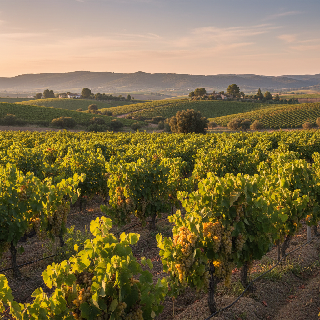 Vinhedo sustentável de Airén na Espanha, com videiras exuberantes e uvas brancas maduras sob um céu azul, transmitindo tranquilidade e conexão com a natureza.