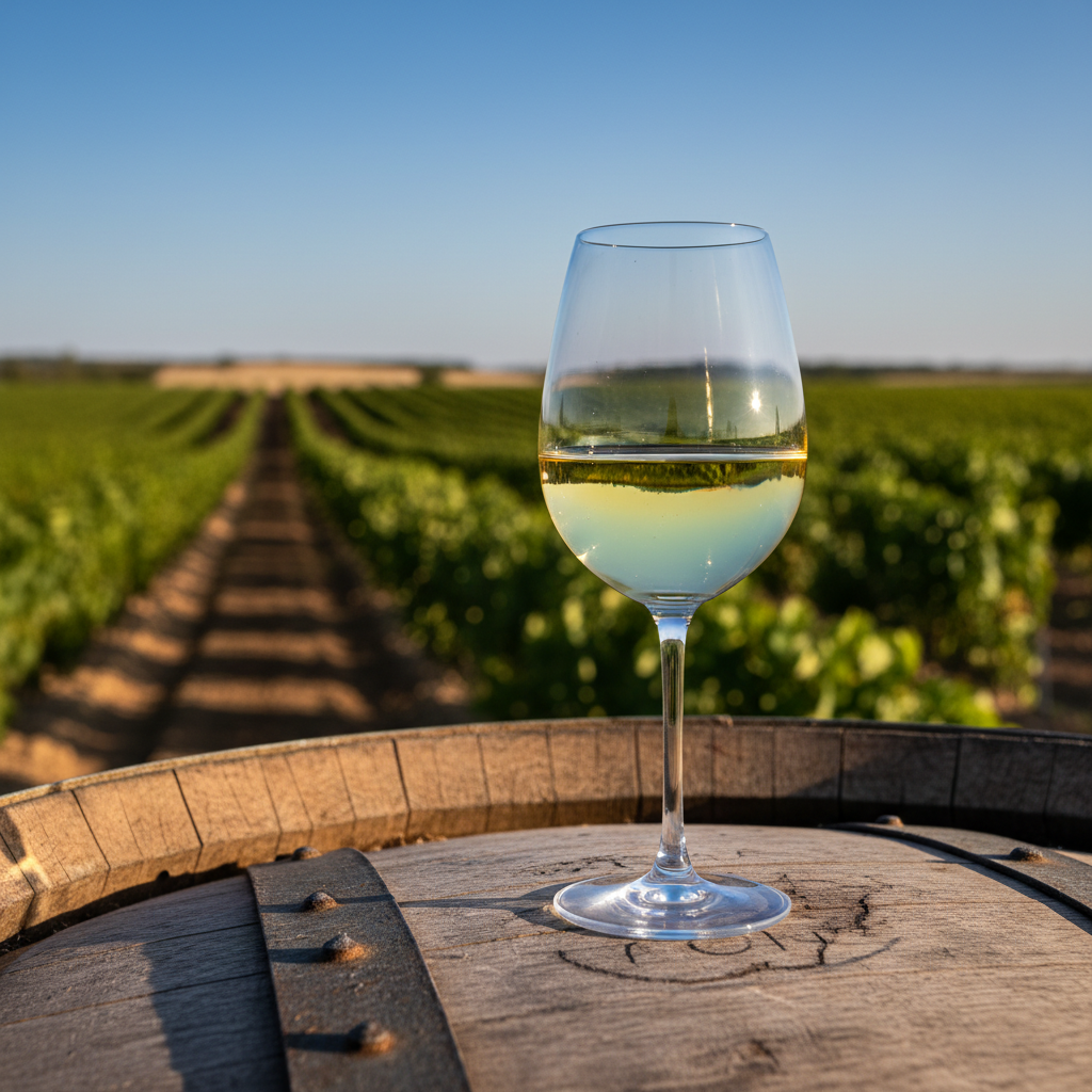 Taça de vinho branco Airén sobre barril de carvalho em vinhedo ensolarado.
