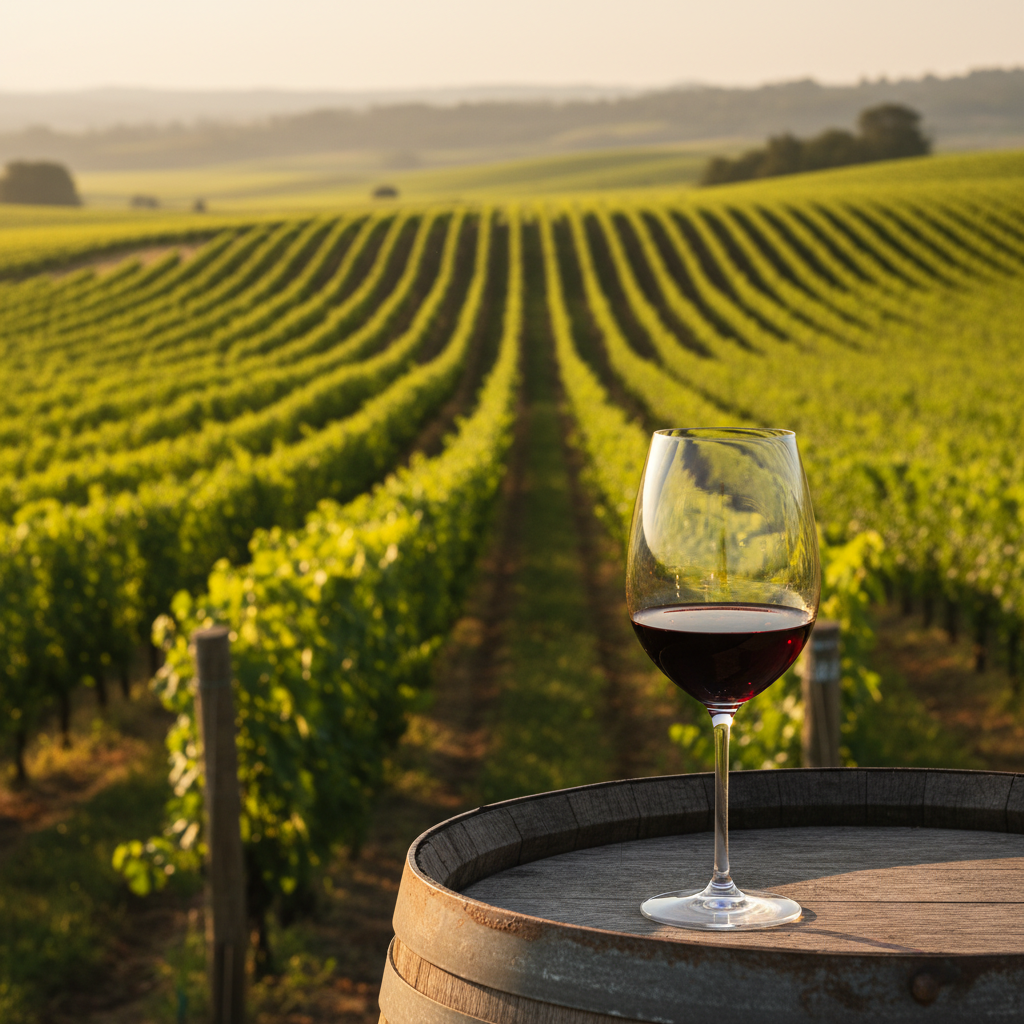 Vinhedo exuberante sob o pôr do sol, com uma taça de vinho Aleatico em primeiro plano, simbolizando a expansão global da uva.