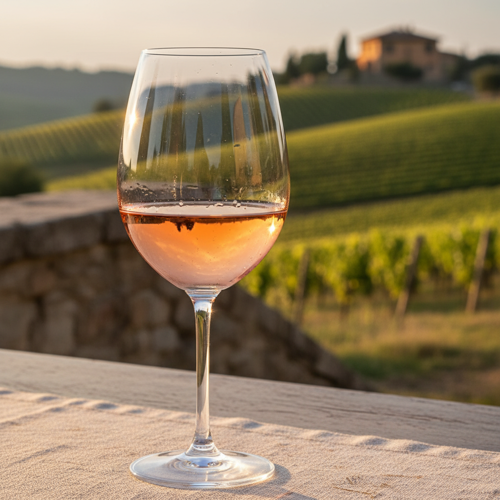Taça de vinho Aleatico com reflexo de vinhedo italiano ensolarado ao fundo, simbolizando a qualidade e a origem da uva.