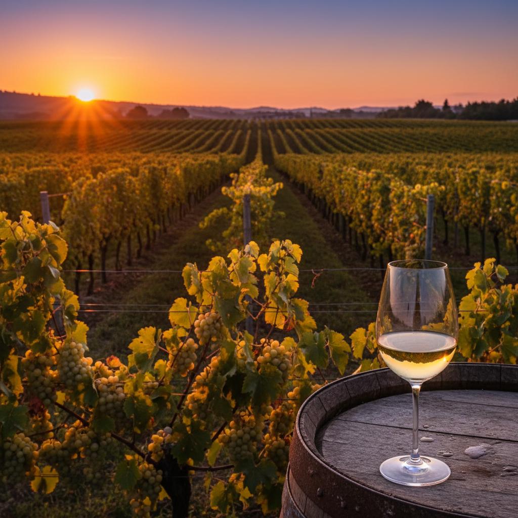 Vinhedo de Arneis ao pôr do sol, com uma taça de vinho sobre um barril de madeira em primeiro plano, refletindo a luz dourada da paisagem.
