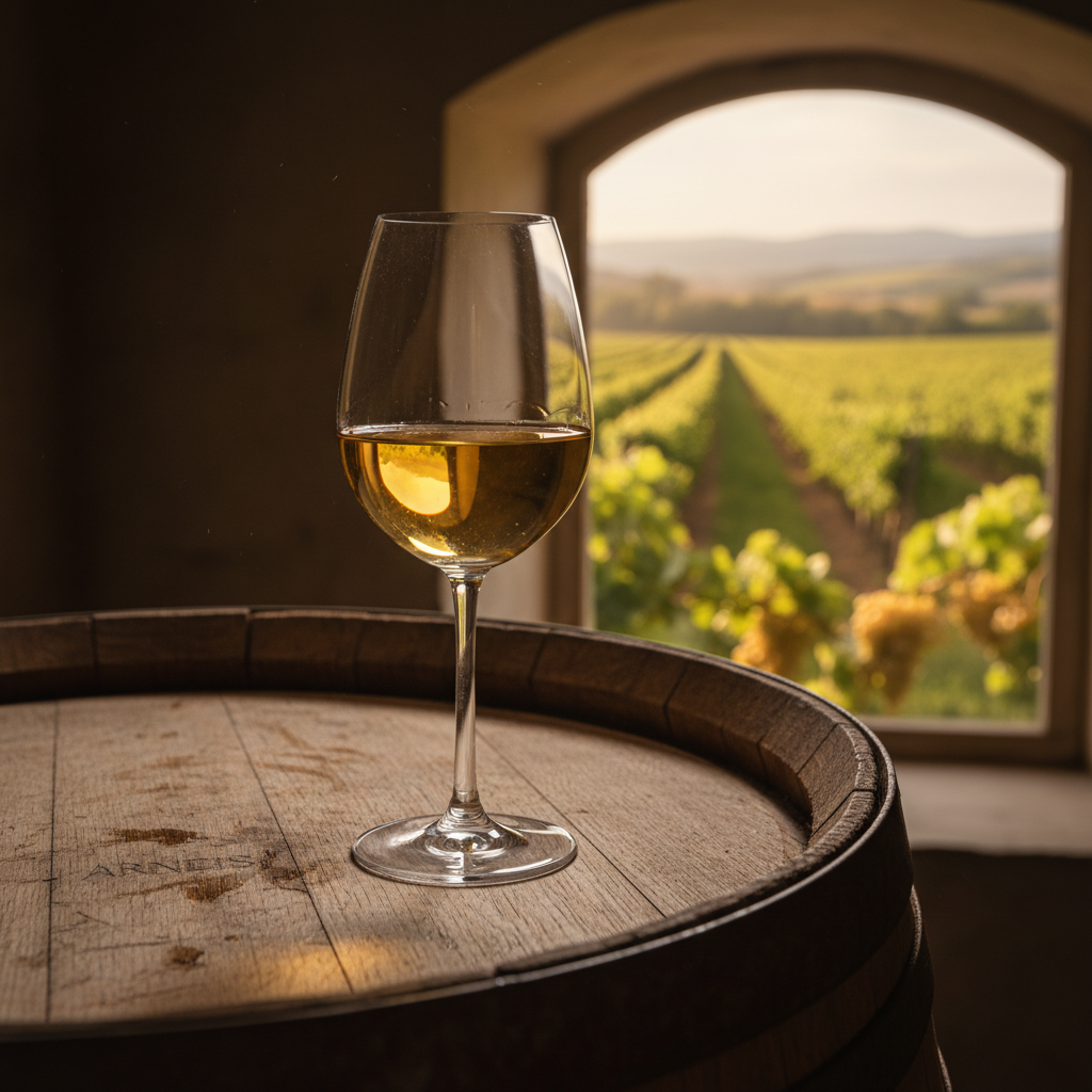 Taça de vinho Arneis dourado sobre barril de madeira em adega, com vinhedo ao fundo, representando o potencial de envelhecimento.