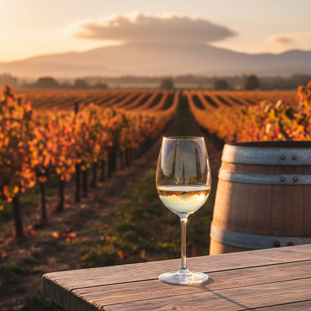 Taça de vinho branco em mesa de madeira rústica com vinhedo iluminado pelo pôr do sol ao fundo, simbolizando a diversidade e a escolha de vinhos brancos.