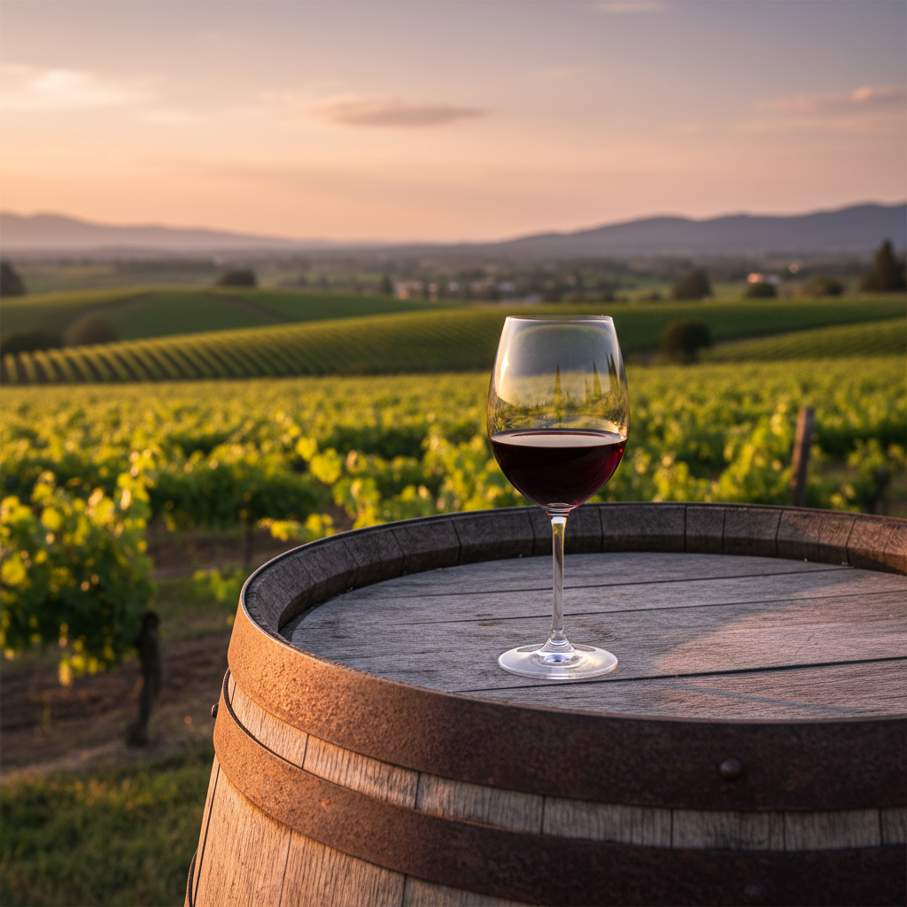 Taça de vinho tinto repousando sobre um barril de carvalho em um vinhedo exuberante sob a luz do pôr do sol.
