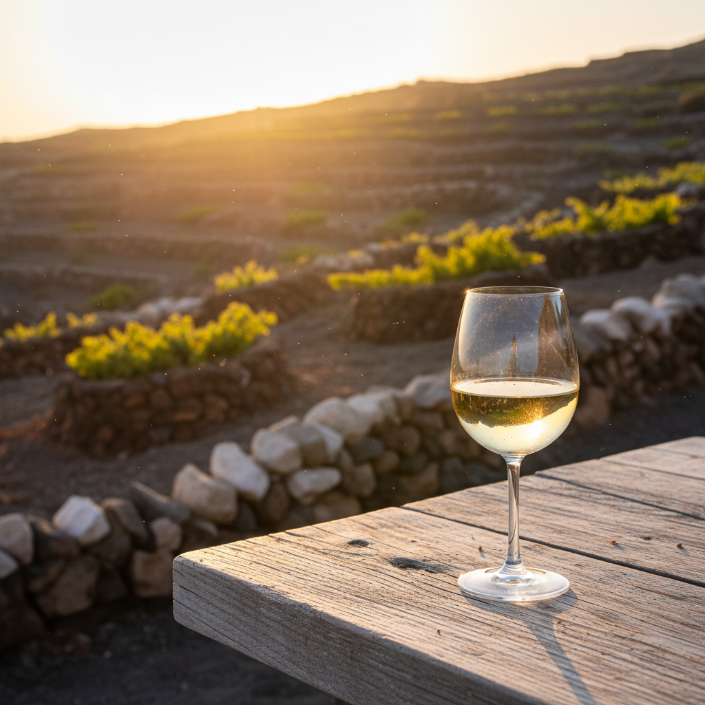 Taça de vinho branco Assyrtiko em uma mesa de madeira rústica, com um vinhedo de Santorini e suas tradicionais paredes de pedra seca ao fundo, sob a luz dourada do pôr do sol.