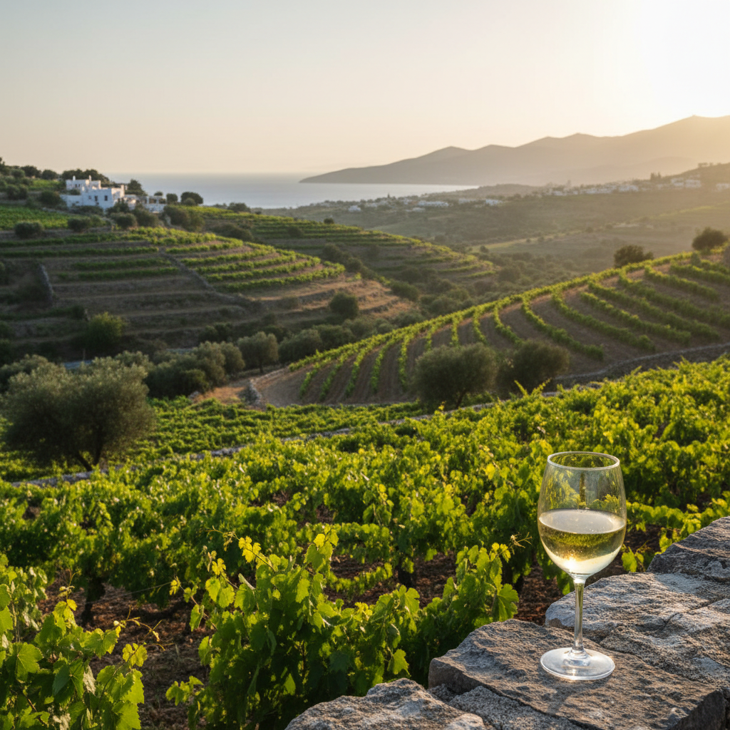 Vinhedo exuberante de uvas Assyrtiko em uma ilha grega fora de Santorini, com um copo de vinho branco fresco sobre uma parede de pedra.