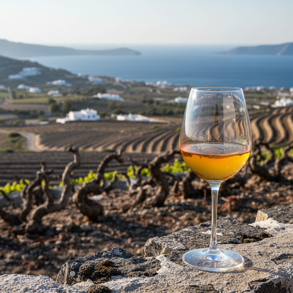 Taça de vinho Assyrtiko dourado sobre uma bancada de pedra, com um vinhedo de Santorini ao fundo sob o céu claro.