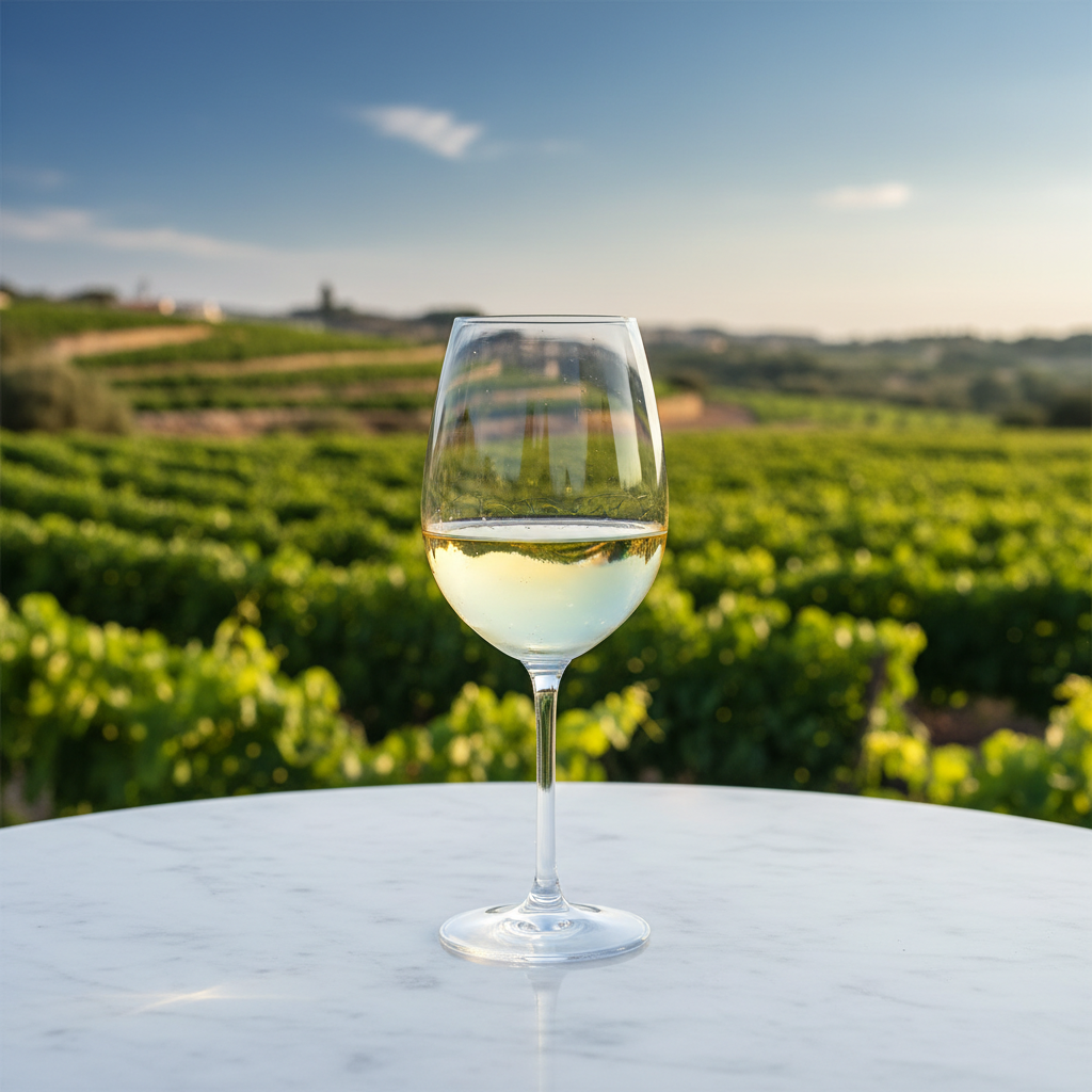 Taça de vinho Assyrtiko com vinho branco pálido sobre uma mesa de mármore, com um vinhedo de Santorini ao fundo.