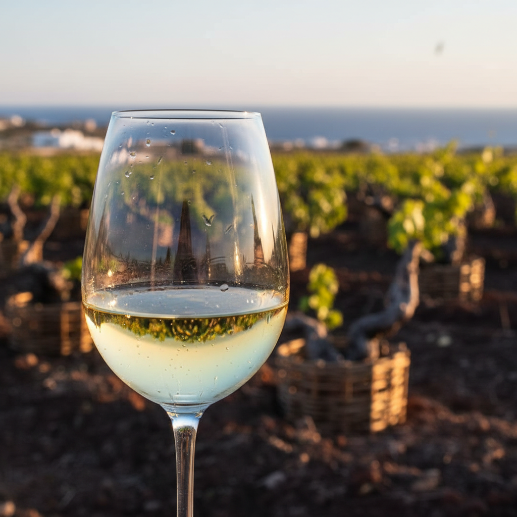 Taça de vinho Assyrtiko com fundo desfocado de vinhedo em Santorini, sob luz mediterrânea.