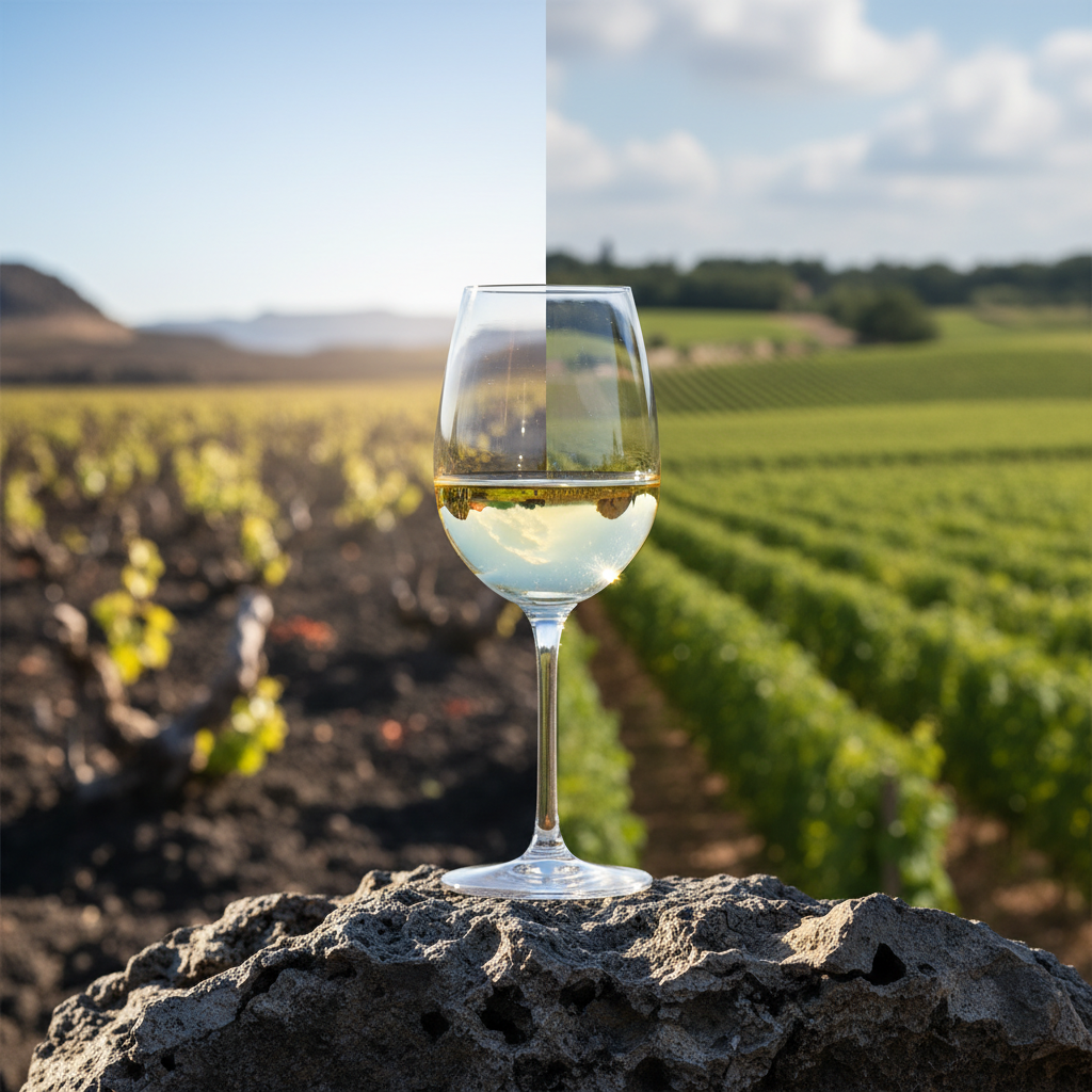 Taça de vinho branco sobre superfície de pedra rústica, com o fundo desfocado mostrando elementos de um vinhedo grego vulcânico e um vinhedo francês exuberante, sob luz natural.