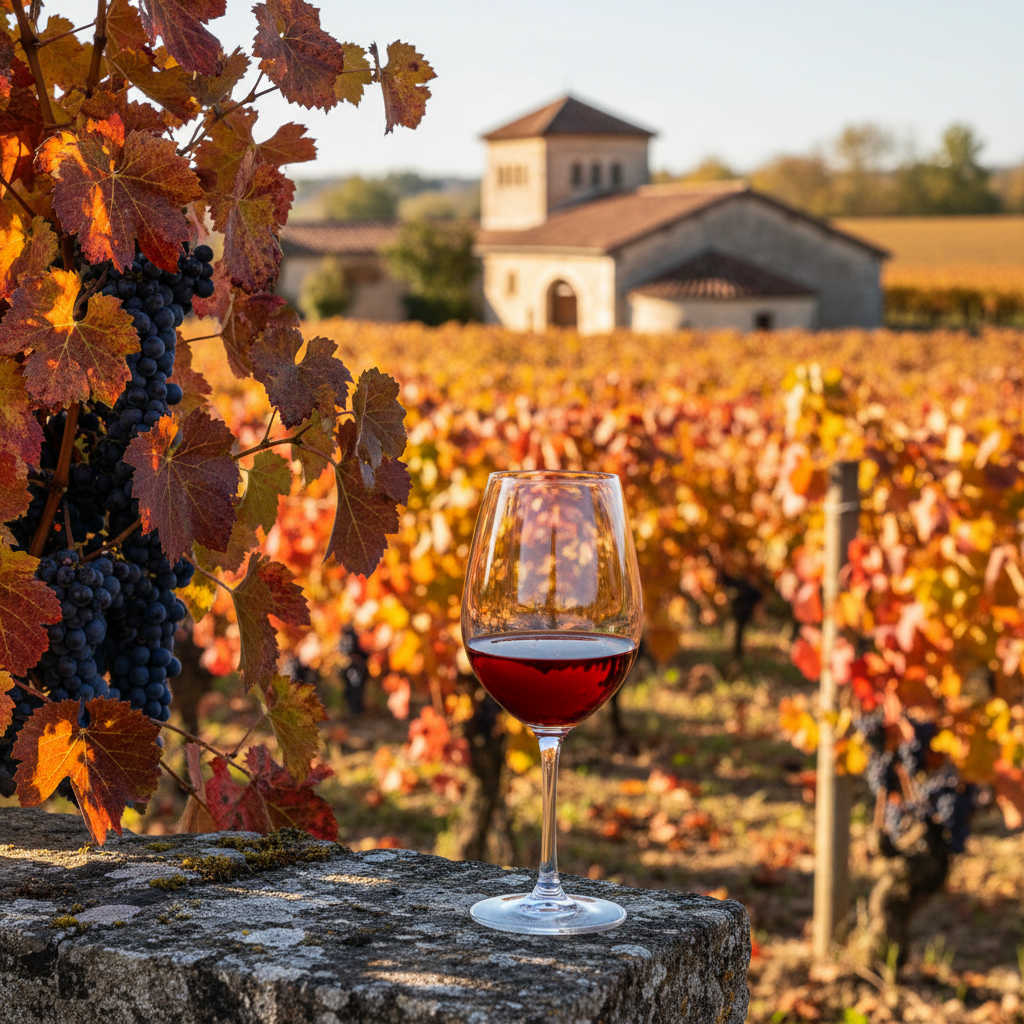 Taça de vinho Beaujolais de cor rubi brilhante em primeiro plano, com um vinhedo de Gamay Noir na região de Beaujolais, França, sob a luz do sol de outono e um vislumbre de uma adega tradicional ao fundo.