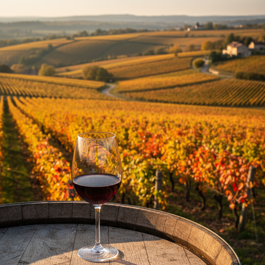 Vinhedo de Gamay em Beaujolais com taça de vinho tinto sobre barril de carvalho.