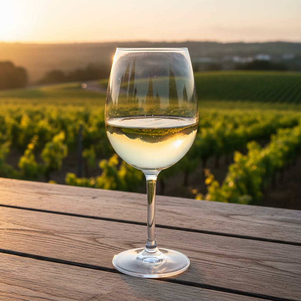 Taça de vinho Loureiro sobre mesa de madeira rústica, com um vinhedo verdejante da região do Minho ao fundo, sob a luz do sol da tarde.