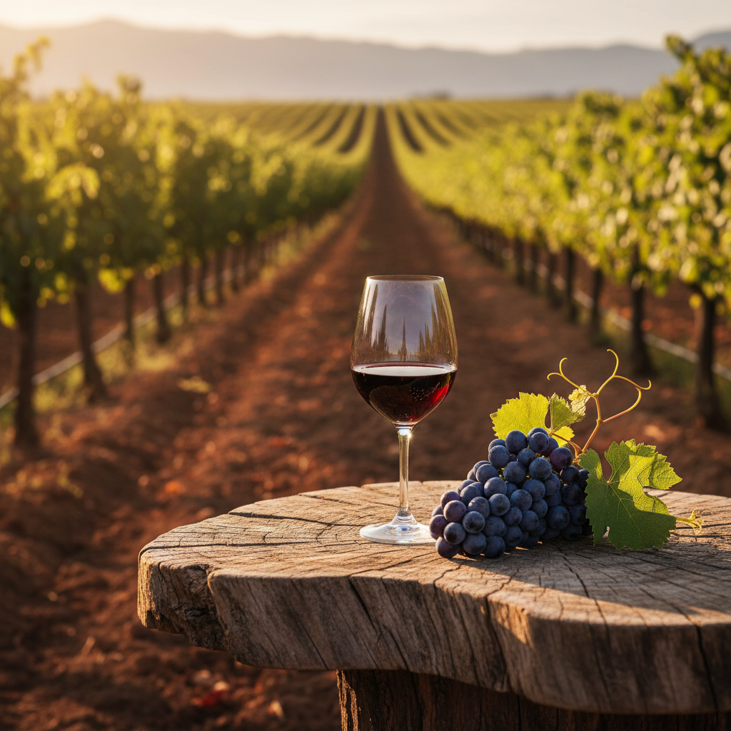 Taça elegante de vinho Malbec sobre mesa de madeira rústica, com cachos de uvas Malbec e um vinhedo ensolarado ao fundo.