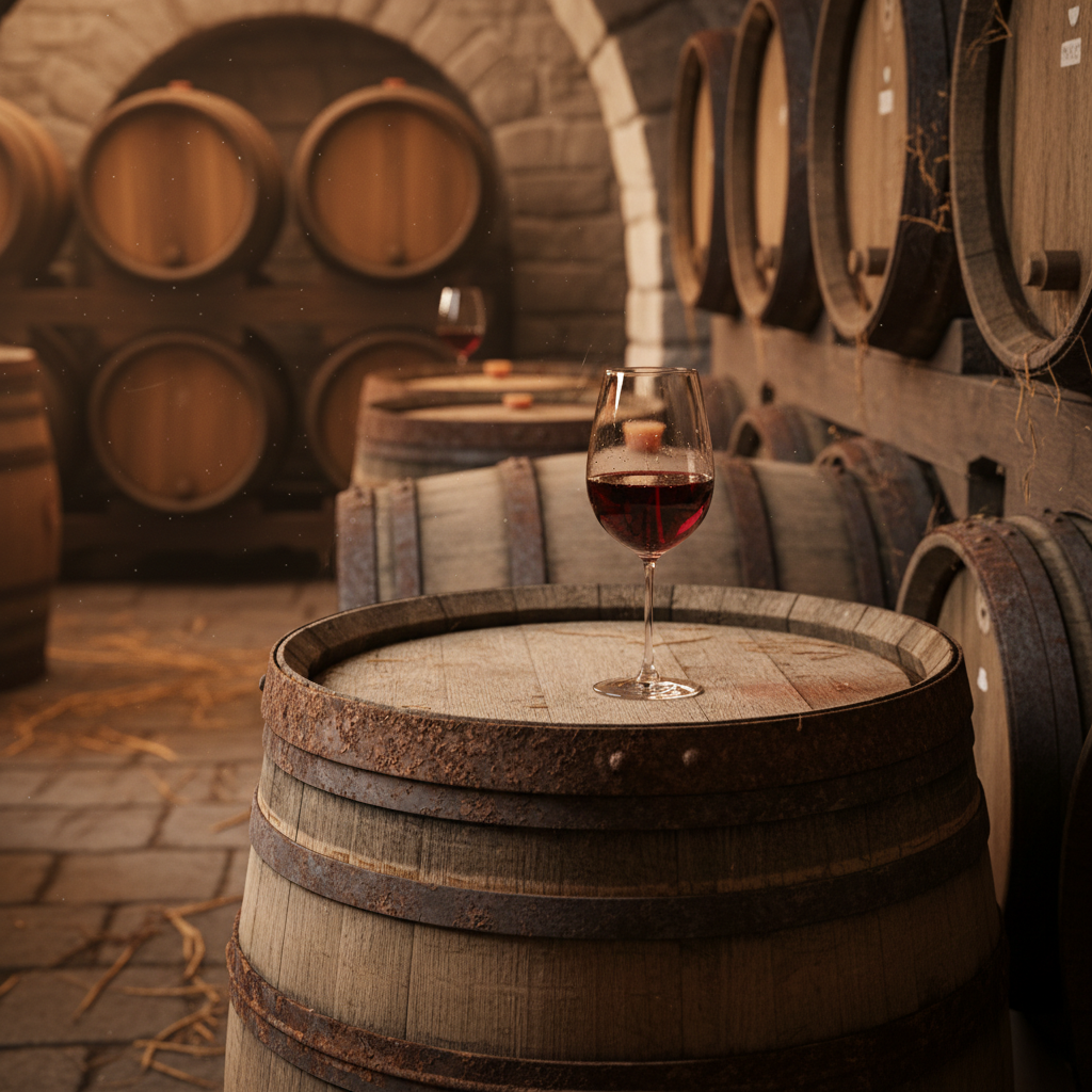 Taça de vinho tinto repousando sobre um barril de madeira antigo em uma adega com iluminação suave.