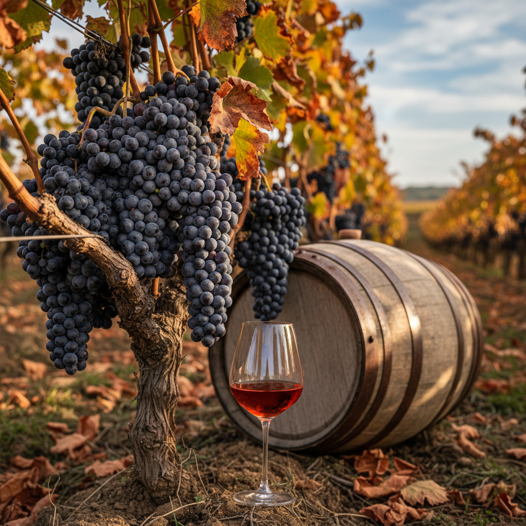 Vinhedo de Blauer Portugieser durante a colheita de outono, com cachos de uvas tintas maduras na videira, uma taça de vinho tinto claro e um barril de carvalho ao fundo.