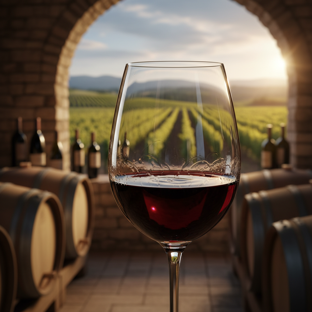 Taça de vinho tinto Blauer Portugieser com um vinhedo ao fundo, simbolizando a origem e o processo de produção.