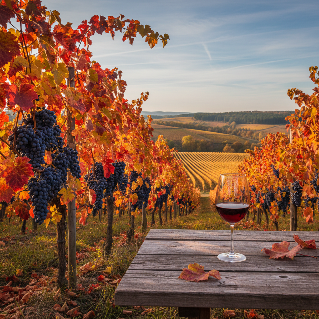 Vinhedo de Blauer Portugieser em final de tarde, com um copo de vinho tinto sobre uma mesa de madeira rústica, sob a luz dourada, transmitindo serenidade.