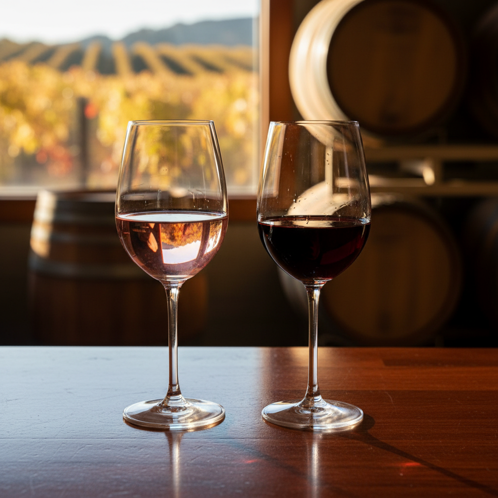 Duas taças de vinho tinto leve, representando Blauer Portugieser e Pinot Noir, sobre uma mesa de madeira em um vinhedo ou adega.