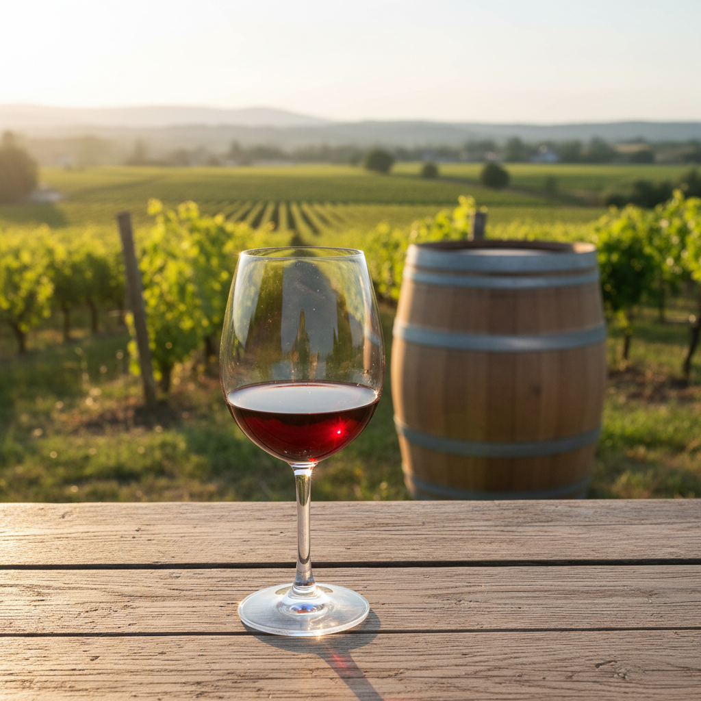 Taça de vinho tinto leve, provavelmente Blauer Portugieser, sobre mesa de madeira rústica em vinhedo europeu ensolarado com barril de carvalho ao fundo.