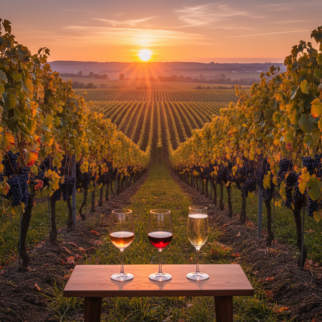 Três taças de vinho, com rosé, tinto leve e espumante, sobre uma mesa em um vinhedo ao pôr do sol, ilustrando a versatilidade da uva Blauer Portugieser.